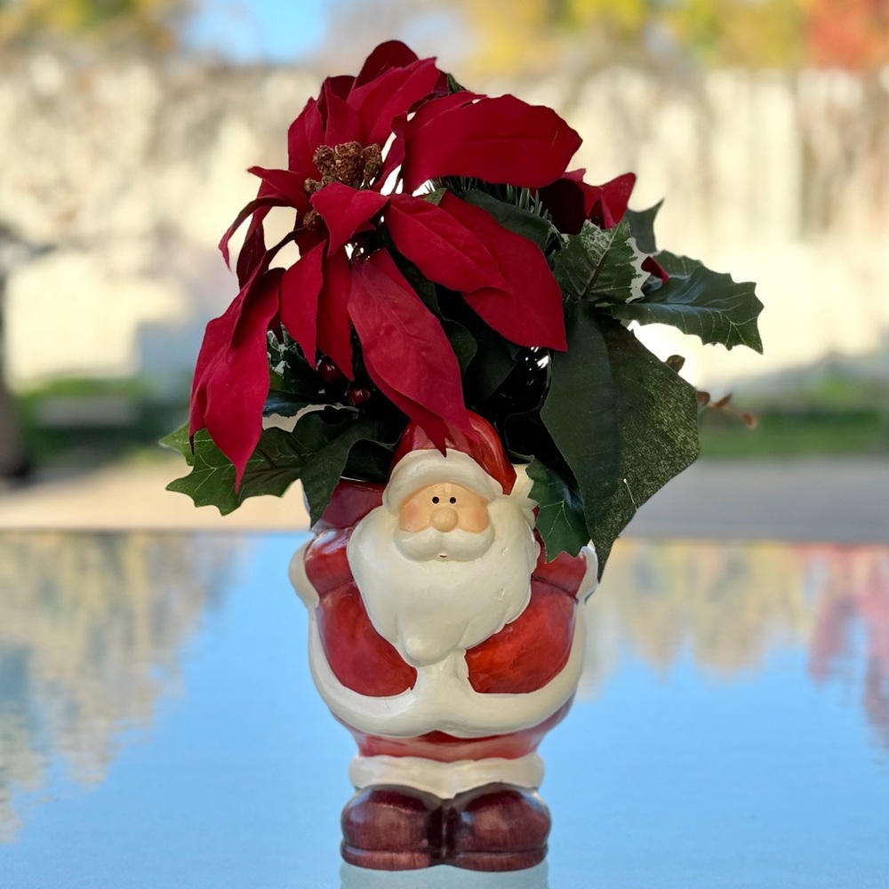 Santa Planter with Red Poinsettia Arrangement